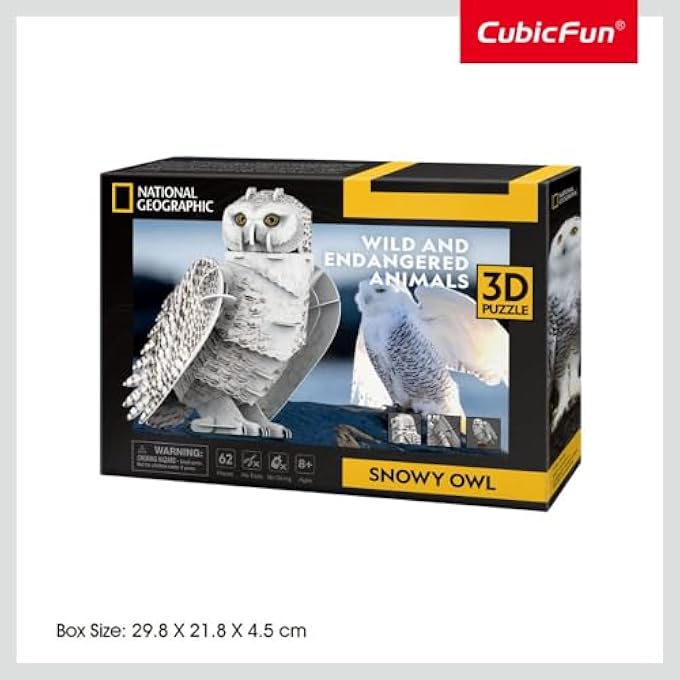CUBIC FUN NATIONAL GEOGRAPHIC 3D PUZZLE SNOWY OWL 62 PIECES - WILD AND ENDANGERED ANIMALS, FOR 8 YEARS+ - Image 2
